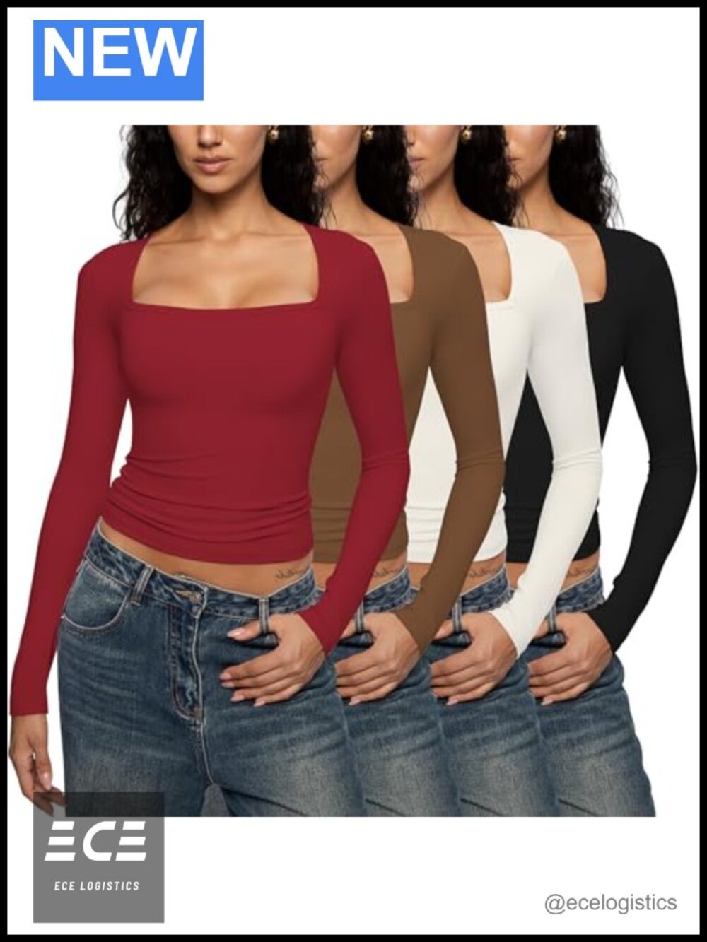 Women's Square Neck Long Sleeve Slim Fit Crop Top Stretch Layering Shirt